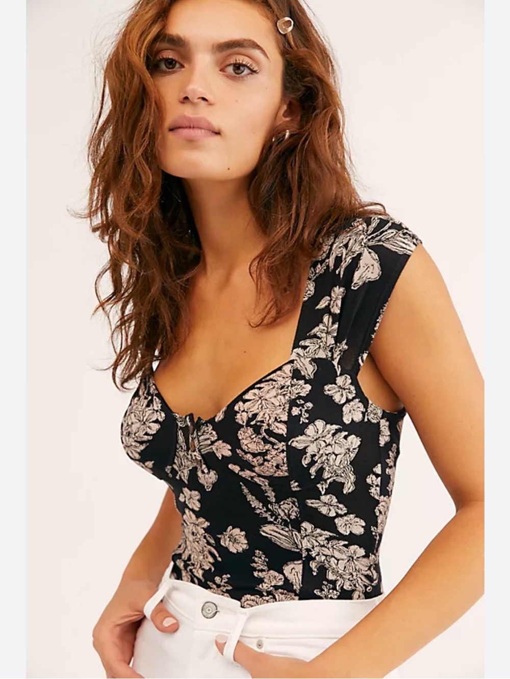 Free People Black Bodysuit with Cream Floral Print